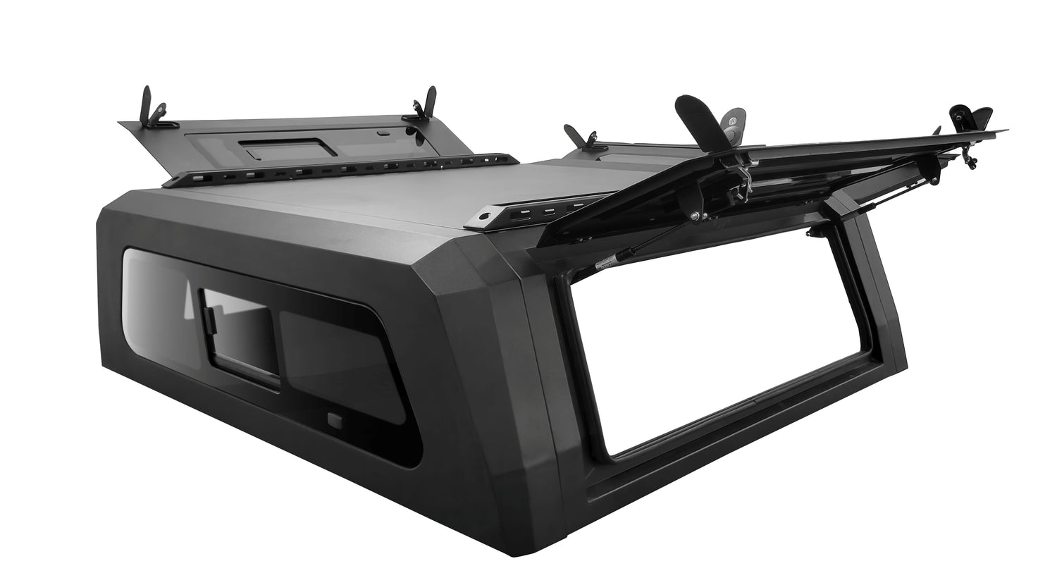 WanderFox Den Topper, Toyota Tacoma, 1995-2004, 5 ft Bed, Clear Front Glass w/Slider, Accessory Panel Sides, Tinted Rear Window, 52-180