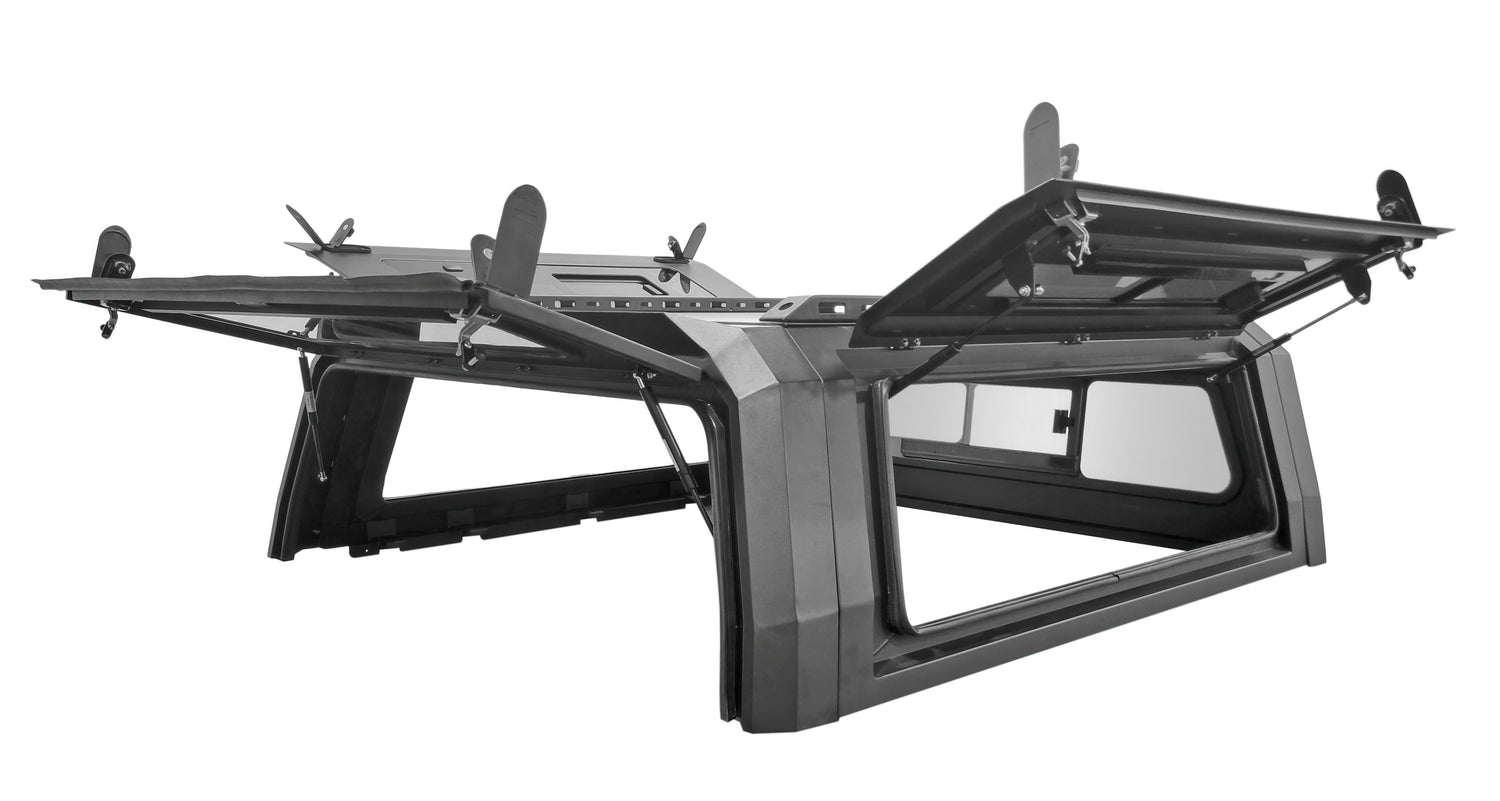 WanderFox Den Topper, Toyota Tacoma, 1995-2004, 5 ft Bed, Clear Front Glass w/Slider, Accessory Panel Sides, Tinted Rear Window, 52-180