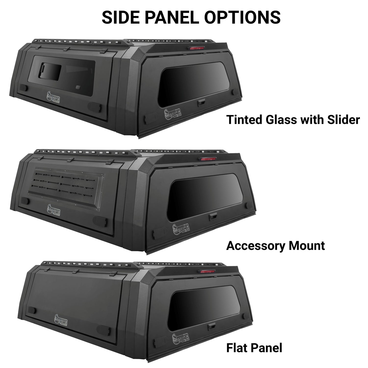 WanderFox Den Topper, Toyota Tacoma, 1995-2004, 5 ft Bed, Clear Front Glass w/Slider, Accessory Panel Sides, Tinted Rear Window, 52-180