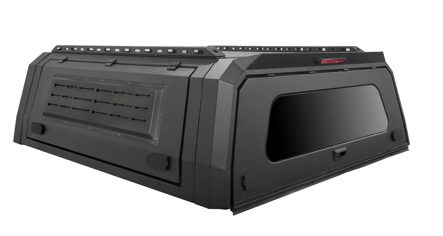 WanderFox Den Topper, Toyota Tacoma, 1995-2004, 5 ft Bed, Clear Front Glass w/Slider, Accessory Panel Sides, Tinted Rear Window, 52-180